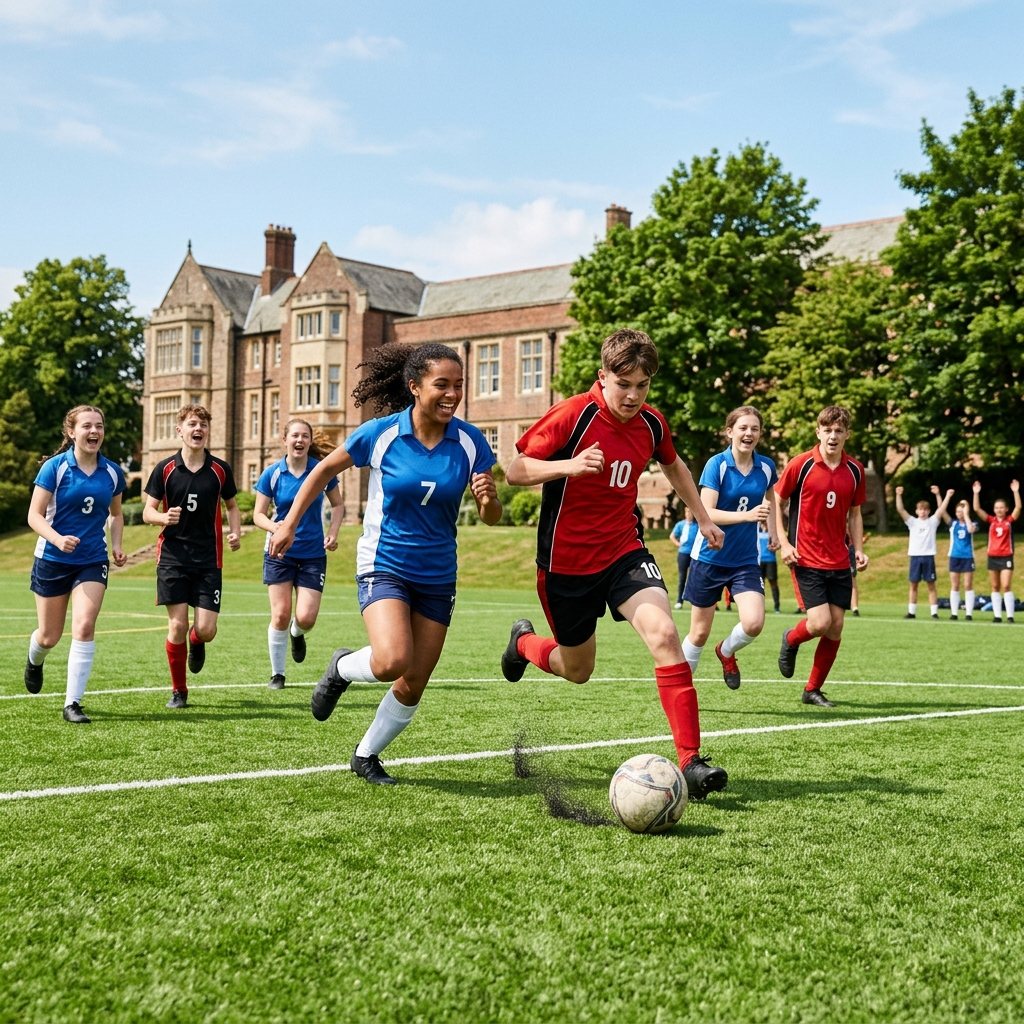 PPSJ EDU School Sports Activities - Active school football match on a professional turf field, showing energetic student participation in physical education and sports heritage.