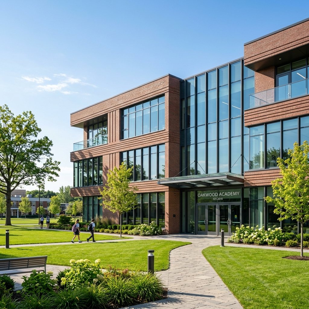 PPSJ EDU Modern School Campus Facade Architecture - Beautiful campus landscape, sunny day, representative branding.