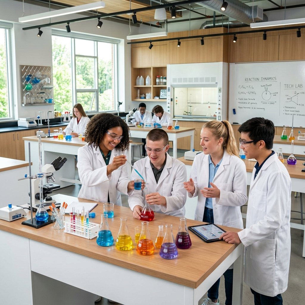 PPSJ EDU Science Laboratory and Collaborative Research Room - High school students performing physics experiments in chemistry and electronics.