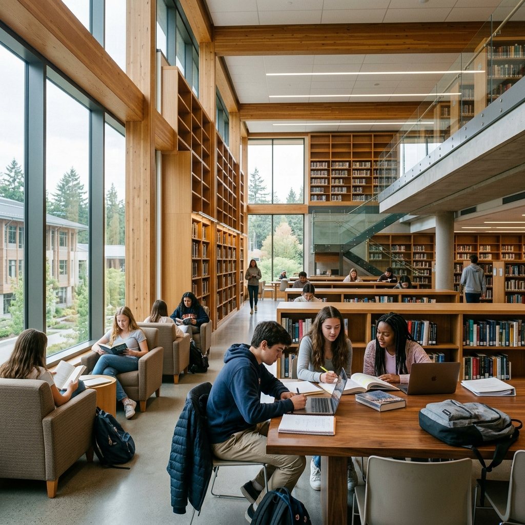 PPSJ EDU Modern Student Library and Collaborative Reading Space - Warm, wooden bookshelves, quiet study desk rooms, and literature databases.